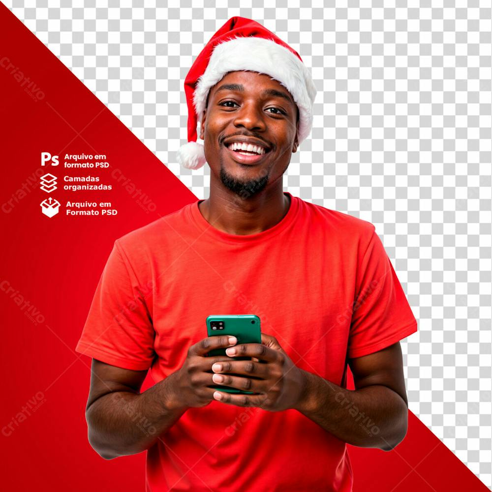 Homem Com Camisa Vermelha E Gorro De Natal Segurando Um Smartphone Imagem Sem Fundo Psd Editável