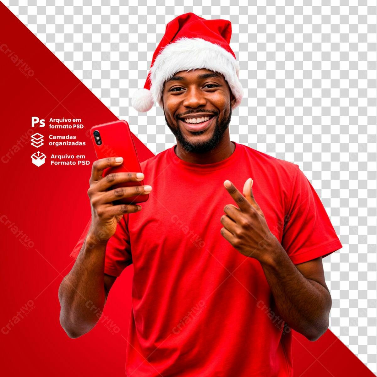 Imagem Natalina Homem Negro com Celular PSD Editável