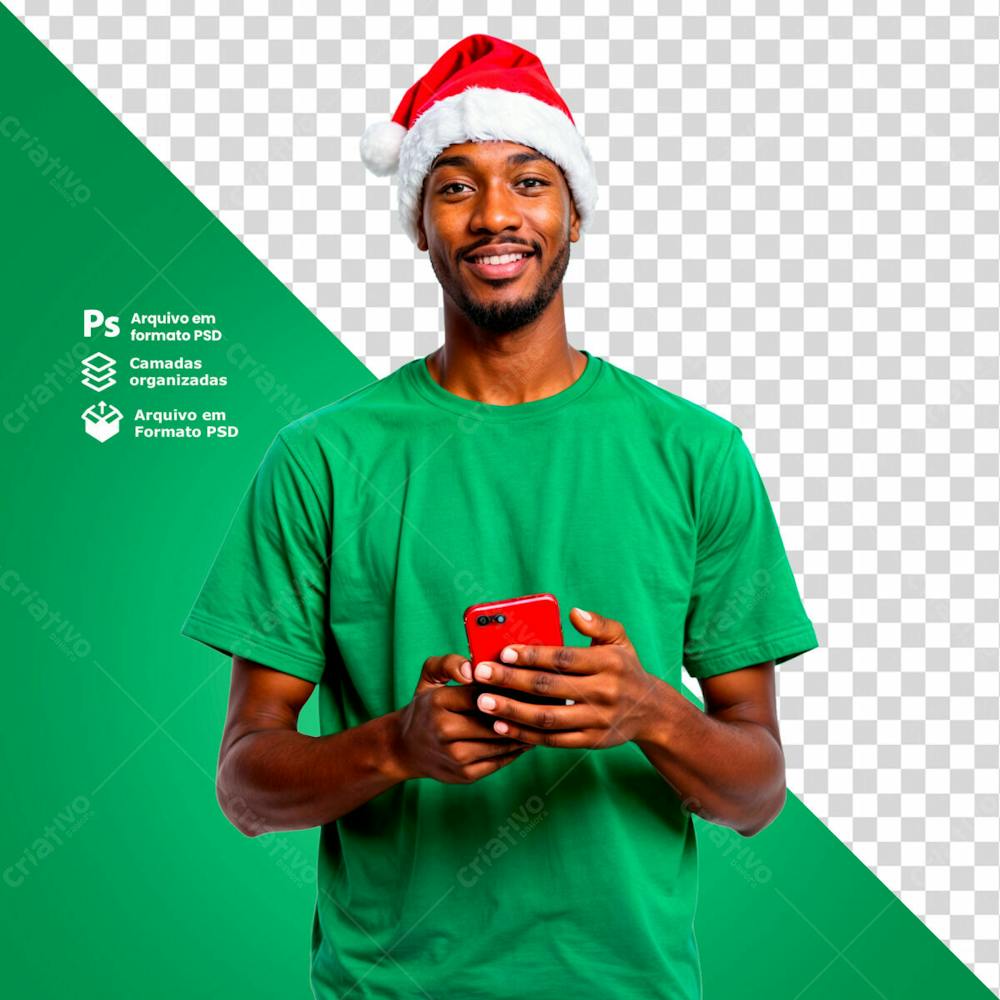 Homem Com Gorro De Natal E Camisa Verde Segurando Um Smartphone Imagem Sem Fundo Psd Editável