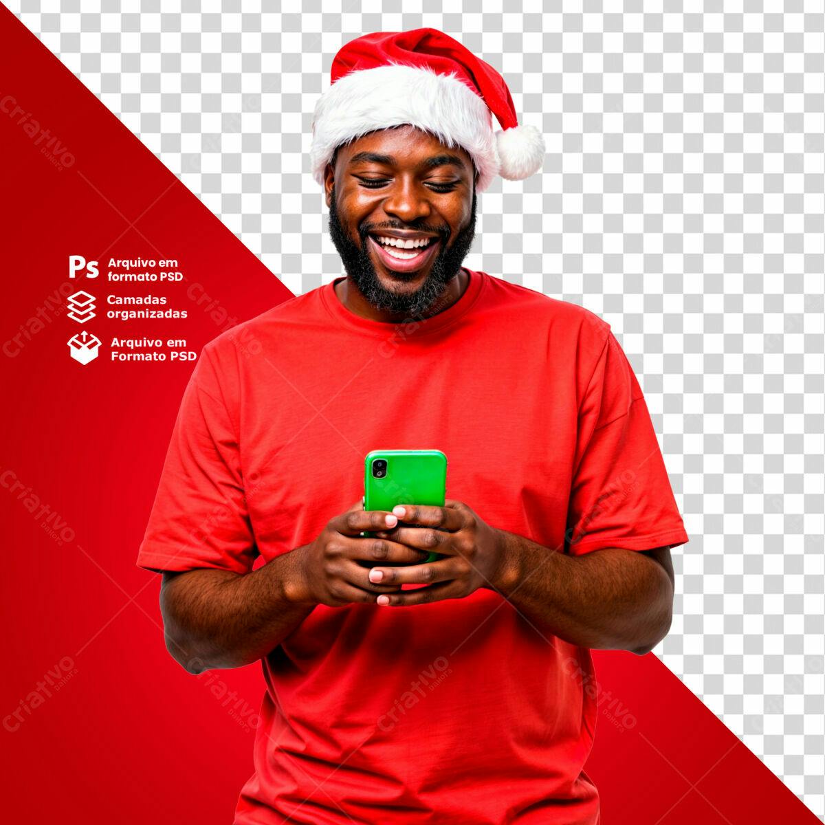 Mockup Natalino Homem Negro com Celular Verde PSD Editável
