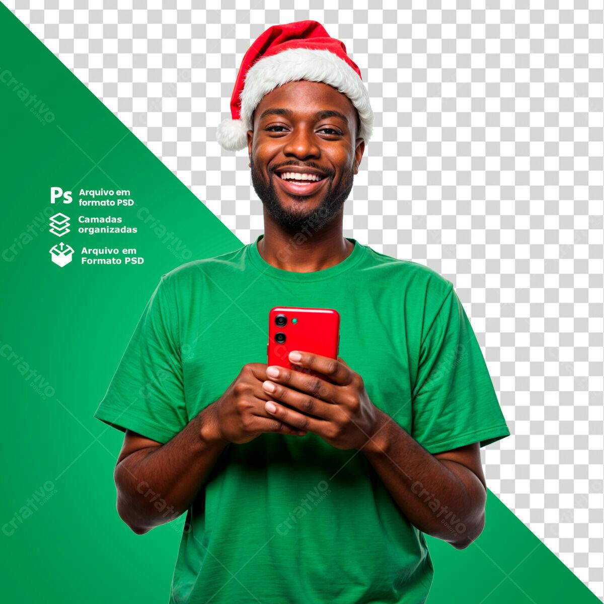 PSD Mockup Natalino com Homem Negro Sorrindo PSD Editável