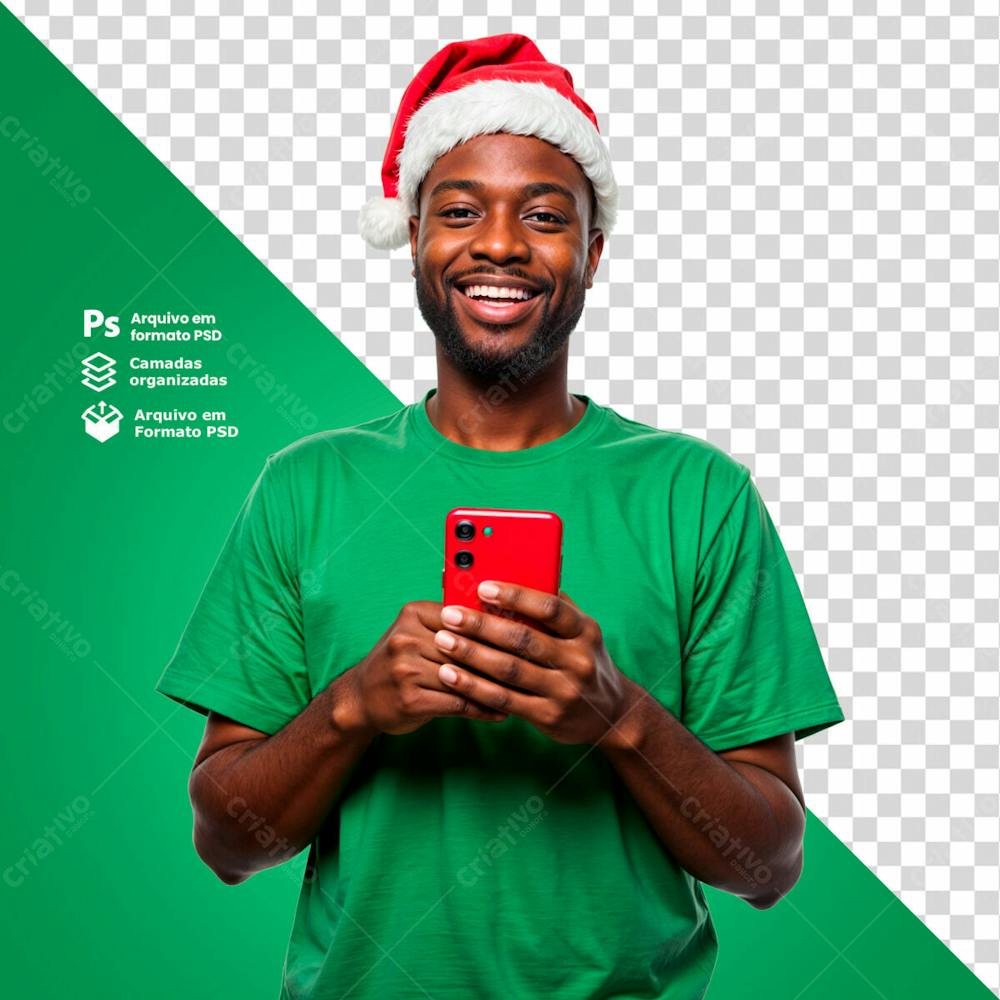 Homem Com Gorro De Natal Segurando Um Smartphone Imagem Sem Fundo Psd Editável