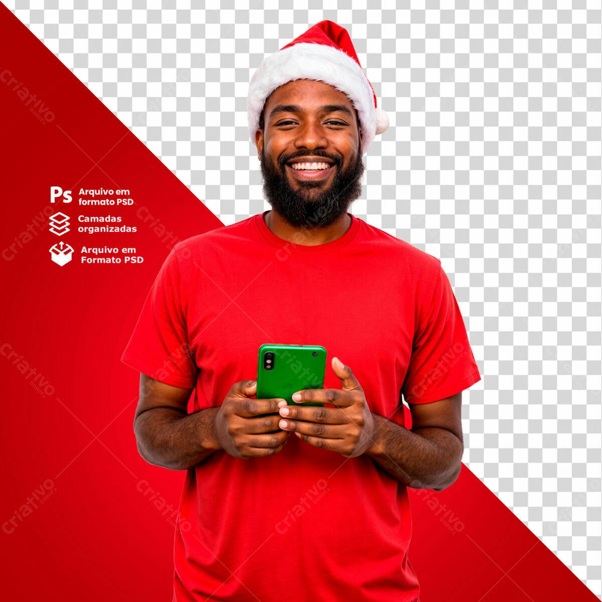 Imagem Natalina Homem Negro com Celular PSD Editável