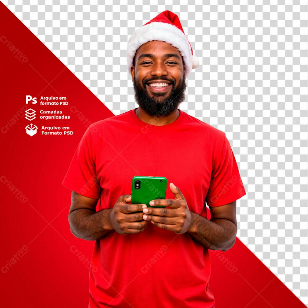 Homem Feliz Com Gorro De Natal Segurando Um Smartphone Imagem Sem Fundo Psd Editável