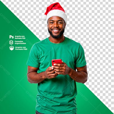 Homem Sorindo Com Gorro De Natal Segurando Um Smartphone Imagem Sem Fundo Psd Editável