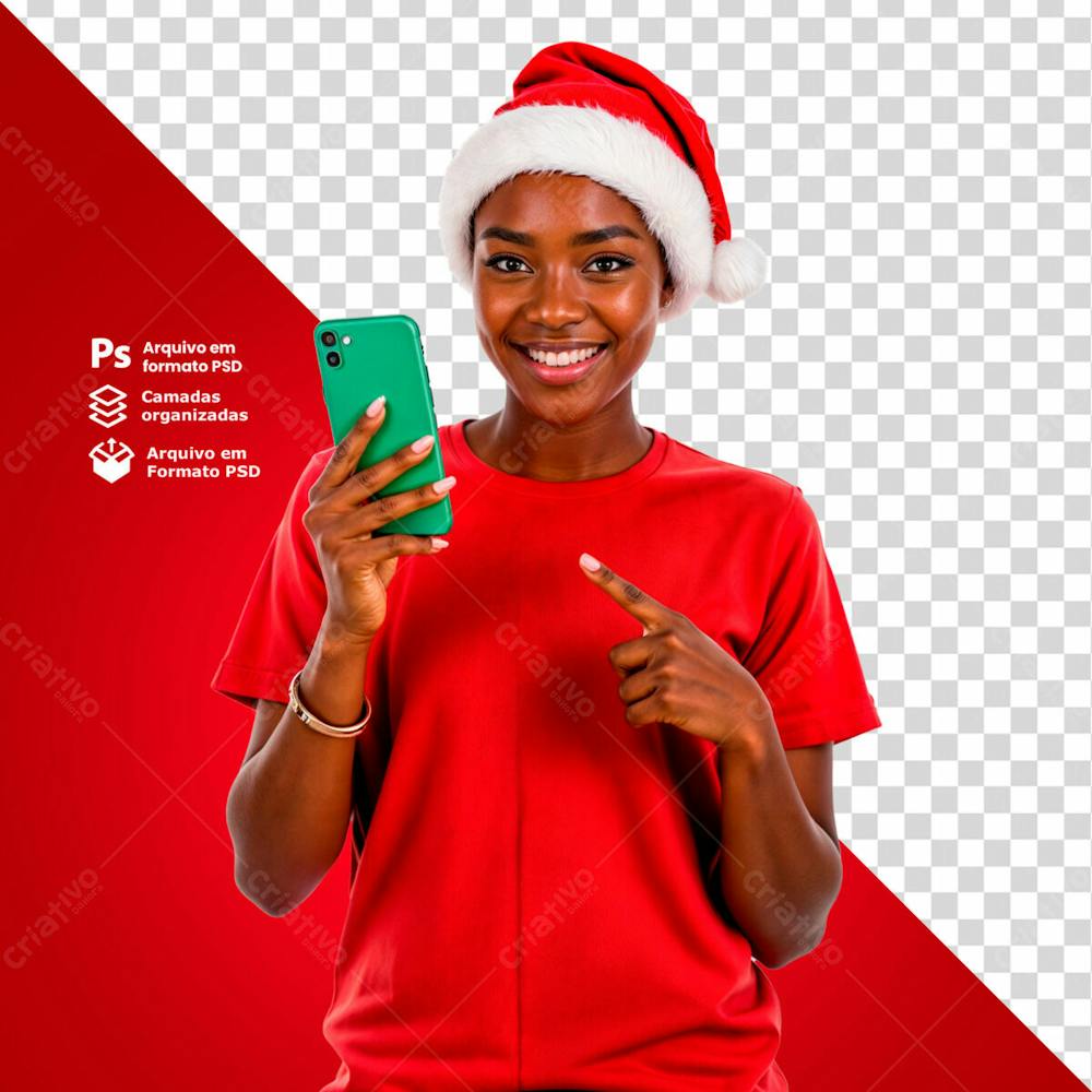Mulher Camisa Vermela E Gorro De Natal Segurando Um Smartphone E Apontando Imagem Sem Fundo Psd Editável