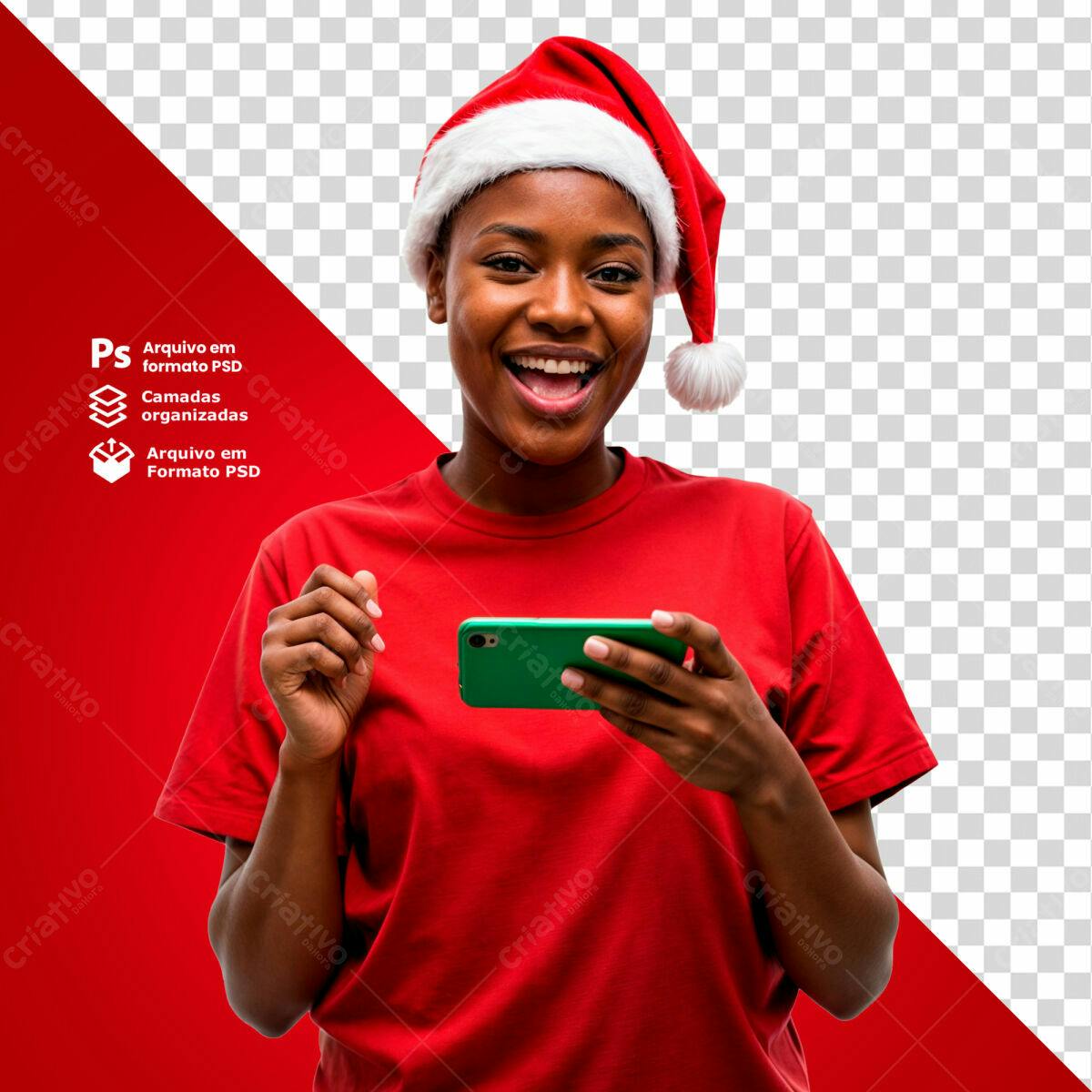 Imagem Natalina Mulher Negra com Celular PSD Editável