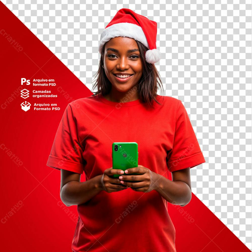 Mulher Com Gorro De Natal Segurando Um Smartphone Com As Duas Mãos Imagem Sem Fundo Psd Editável