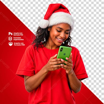 Mulher Com Gorro De Natal Segurando Um Smartphone Imagem Sem Fundo Psd Editável