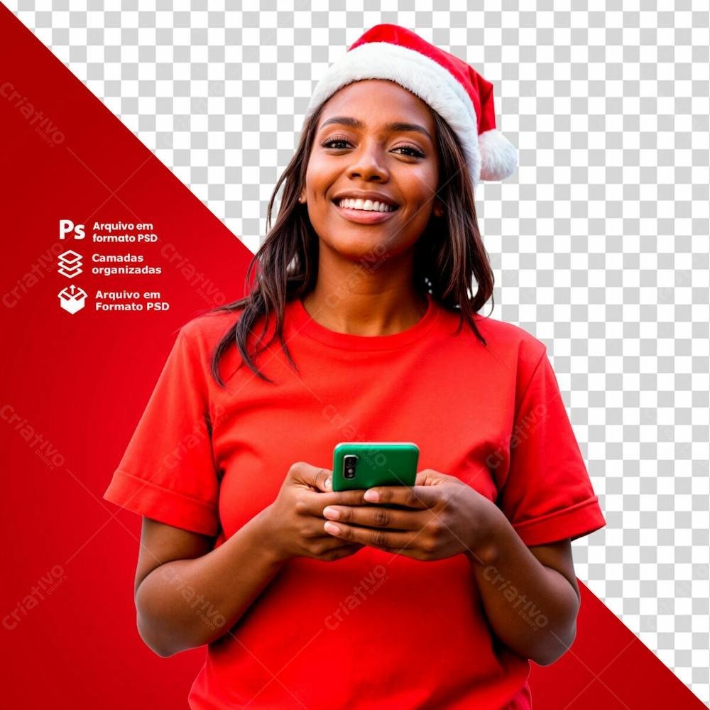 Mulher Com Gorro De Natal Segurando Um Smartphone Vendo As Ofertas Imagem Sem Fundo Psd Editável