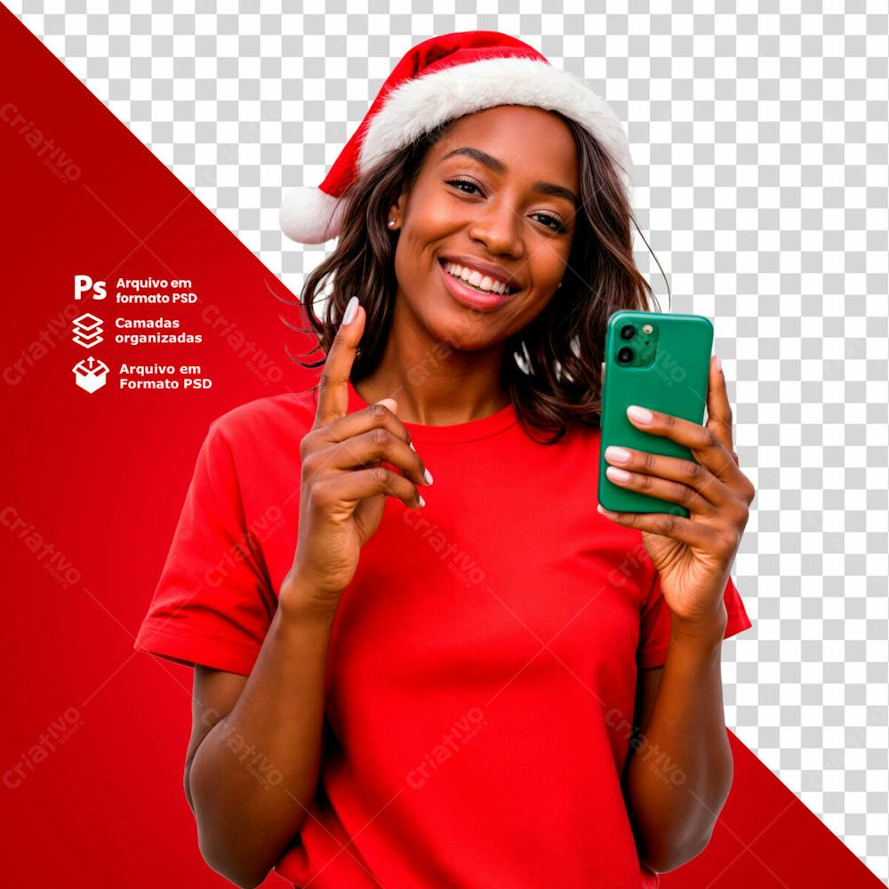 Mulher Com Gorro De Natal Segurando Um Smartphone Vendo As Promoções Imagem Sem Fundo Psd Editável