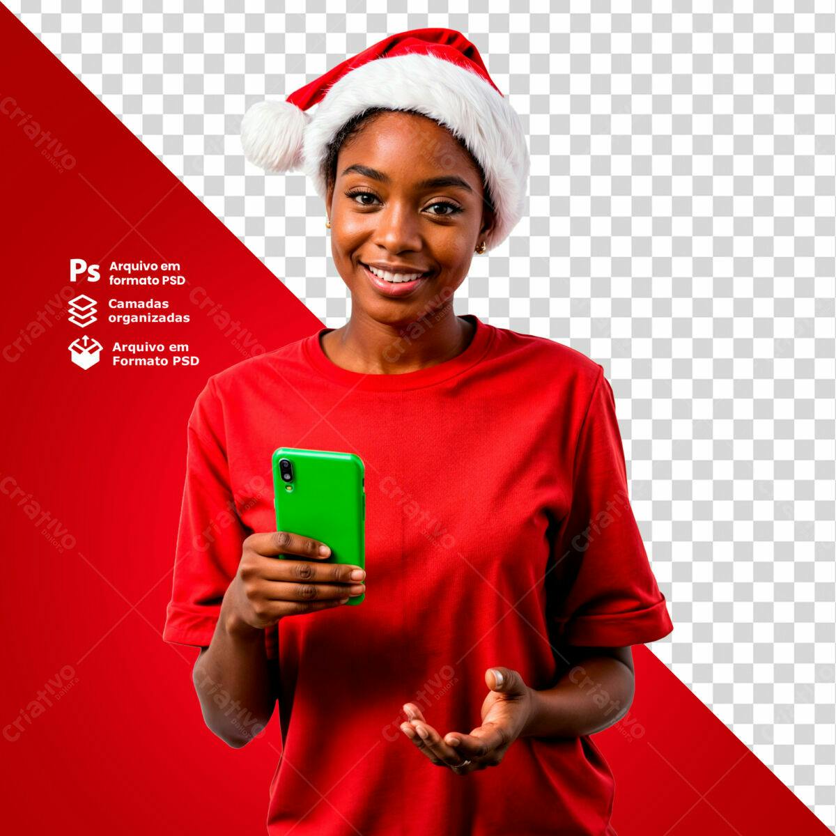 Mockup Natalina com Mulher Negra usando Smartphone PSD Editável