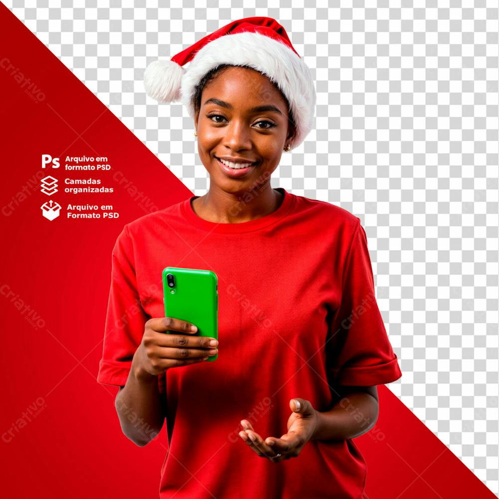 Mulher Com Gorro De Natal Segurando Um Smartphone Verde Imagem Sem Fundo Psd Editável