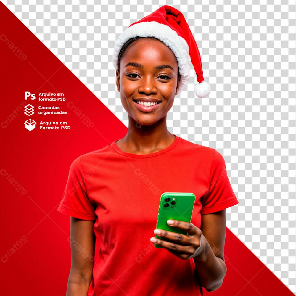 Mulher Com Gorro De Natal Segurando Um Smartphone Verde Com Uma Das Mãos Imagem Sem Fundo Psd Editável