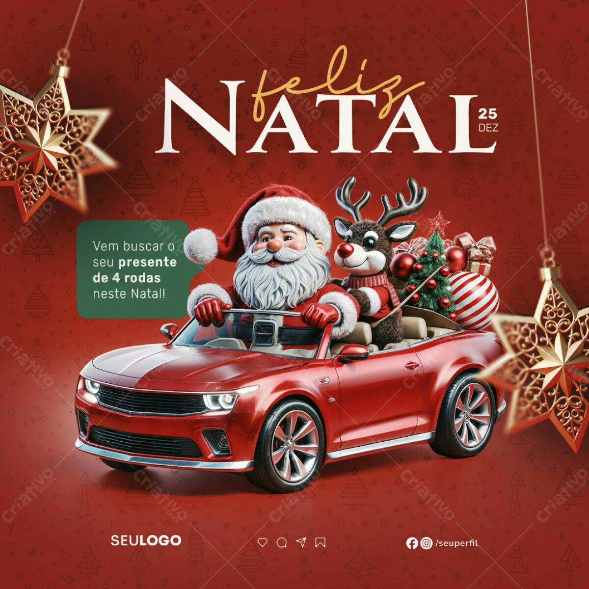 Flyer Natalino com Papai Noel em Carro Vermelho PSD Editável