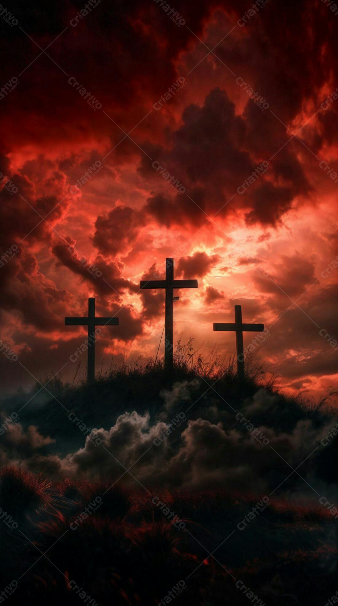 Três Cruzes ao Pôr do Sol Vermelho