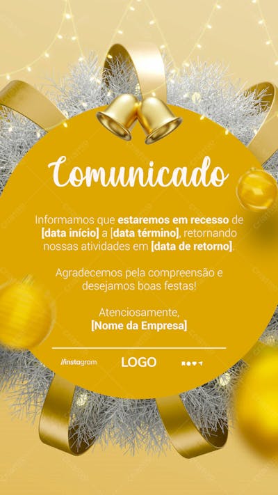 Comunicado Recesso Natal Social Media Story Psd Editável