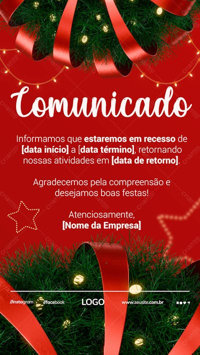 Comunicado Recesso Natal Social Media Story Psd Editável