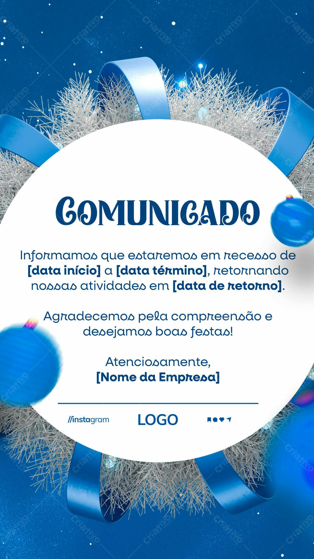 Comunicado de Recesso de Fim de Ano PSD Editável