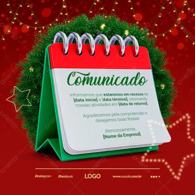 Comunicado Recesso Natal Social Media Feed Psd Editável