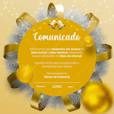 Comunicado Recesso Natal Social Media Feed Psd Editável