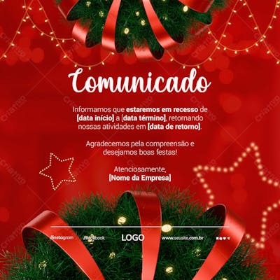 Comunicado Recesso Natal Social Media Feed Psd Editável