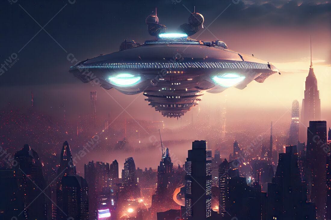 Nave espacial sobre cidade futurista ao anoitecer