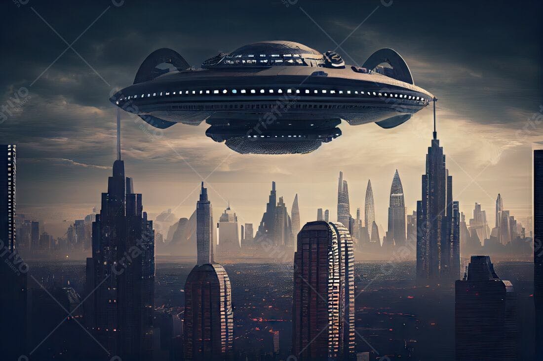 Nave espacial sobre cidade futurista