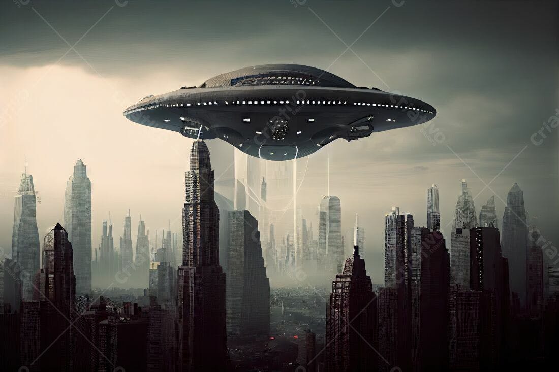 Nave espacial sobre cidade futurista