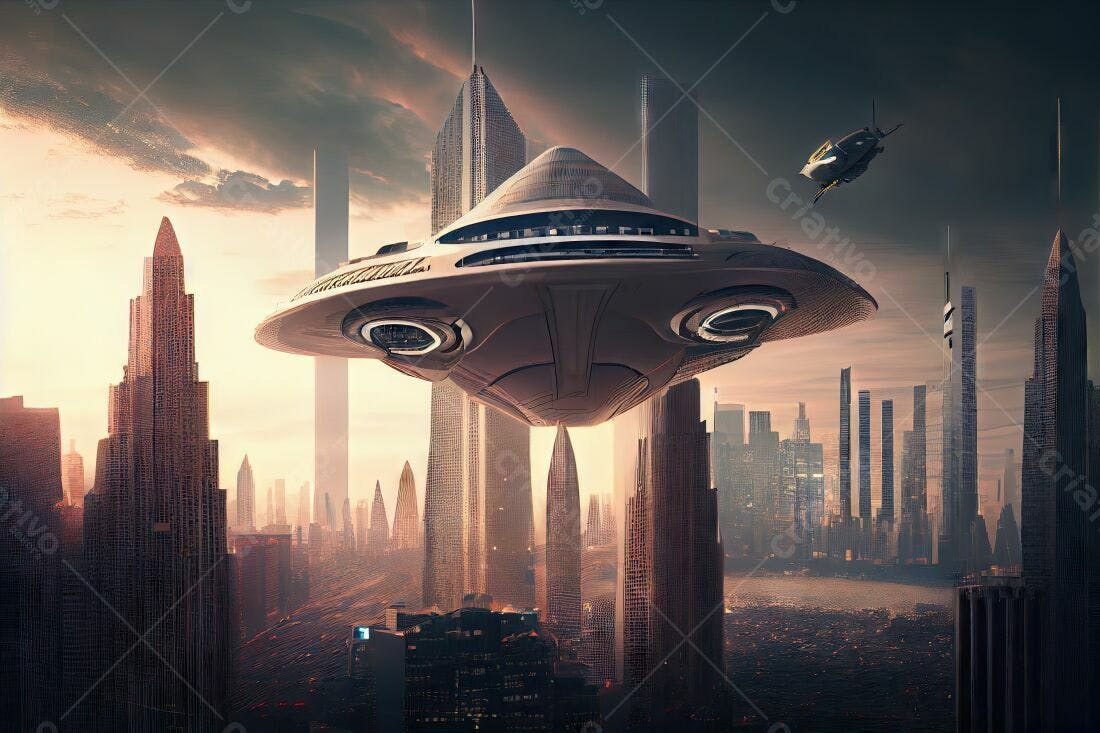 Nave espacial sobre cidade futurista ao entardecer