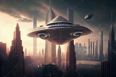 Spaceship Flying Forest With Sunset Background
