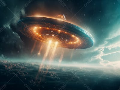 Spaceship Flying Forest With Sunset Background