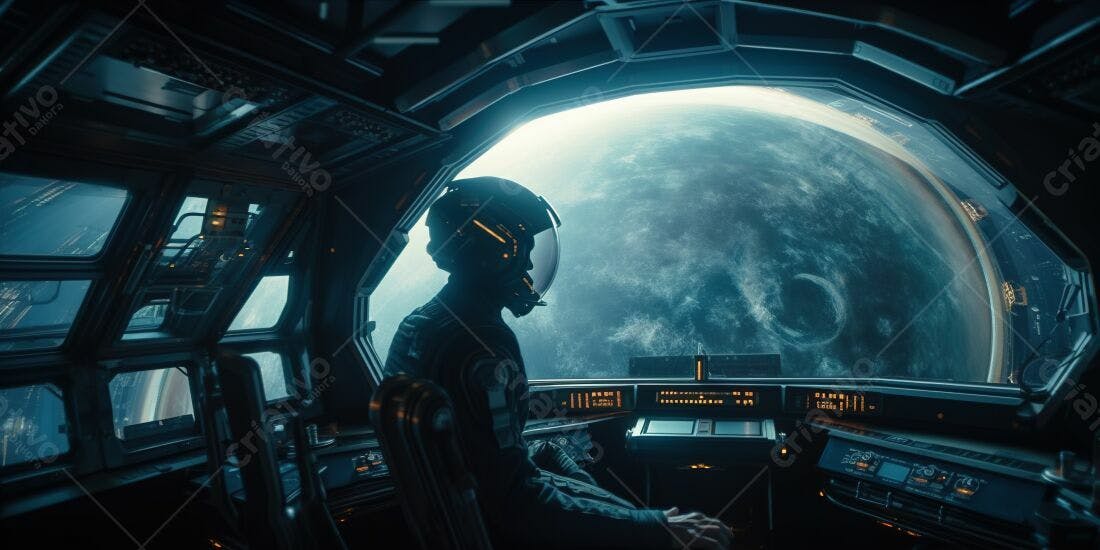 Astronauta observando planeta azul escuro