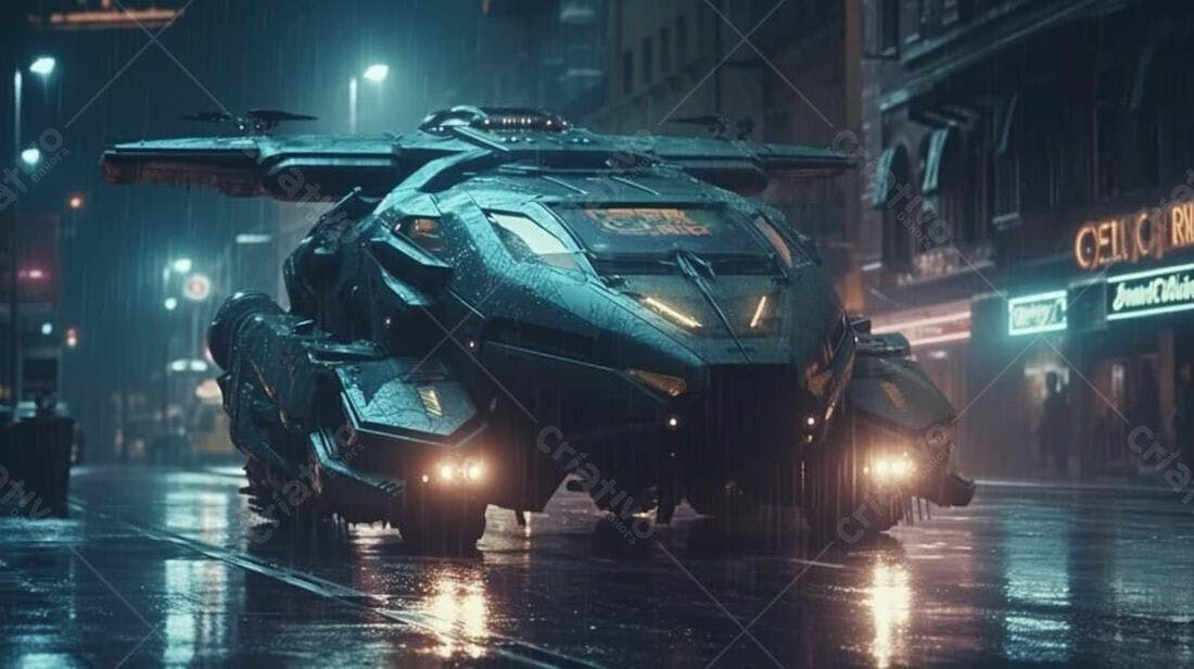 Veículo futurista chuva noite cidade