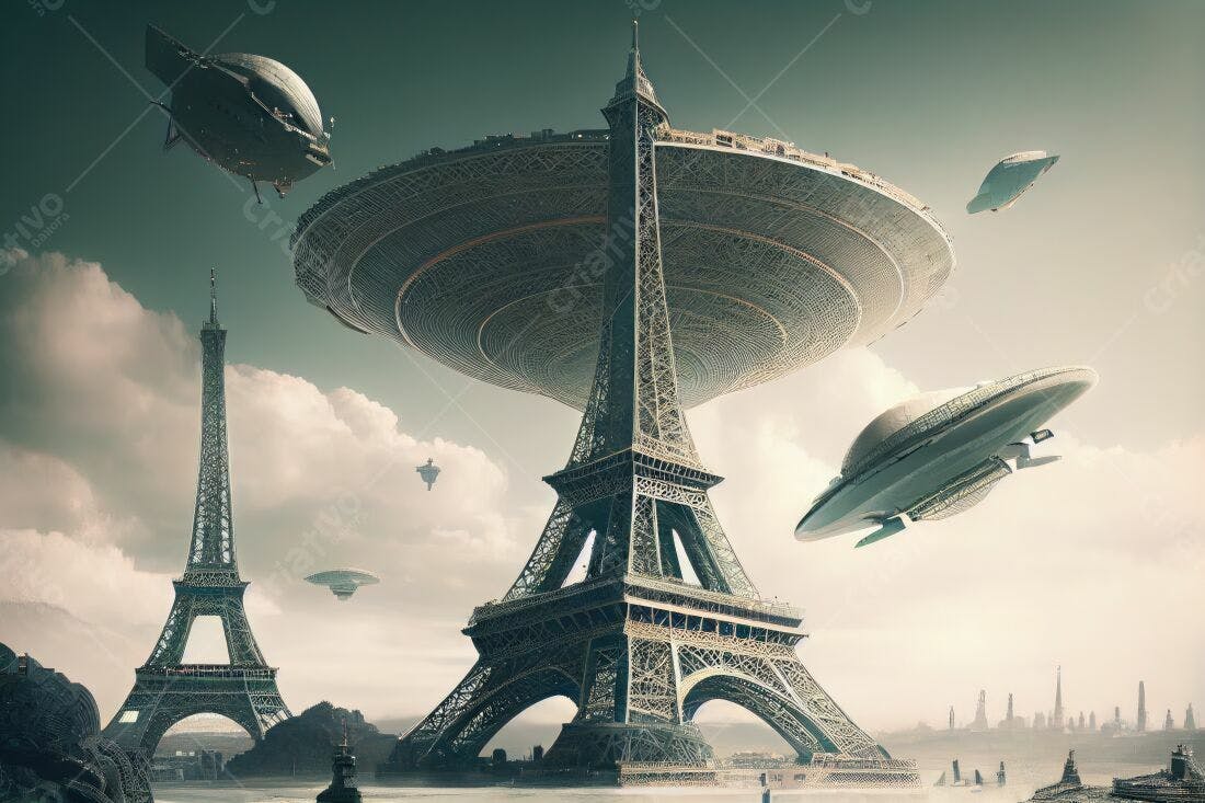 Torre Eiffel com naves espaciais futuristas