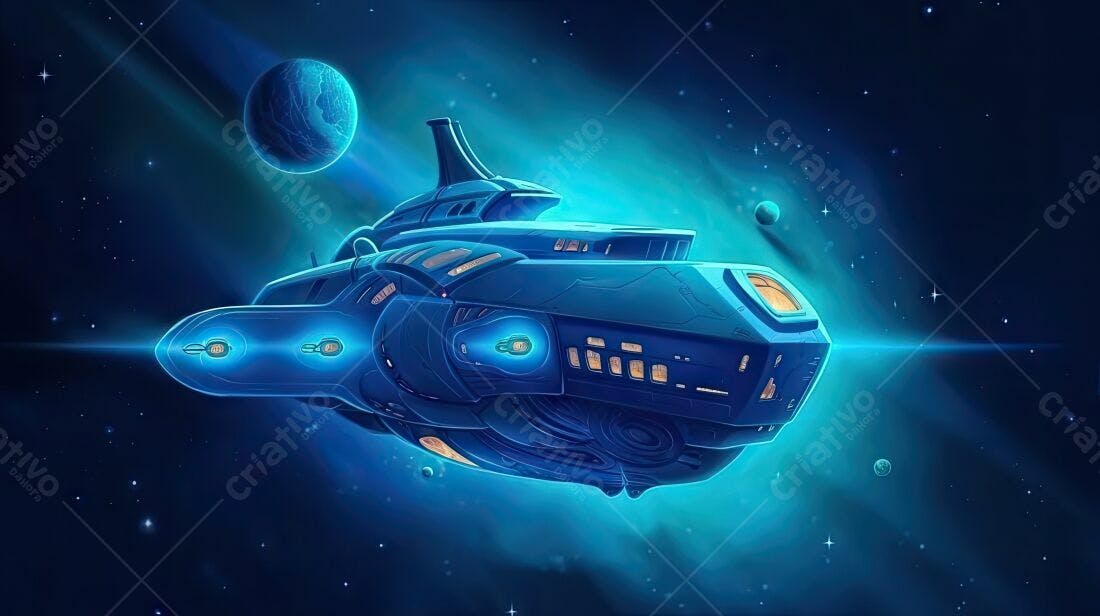 Nave espacial azul no espaço profundo