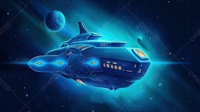 Spaceship Flying Forest With Sunset Background