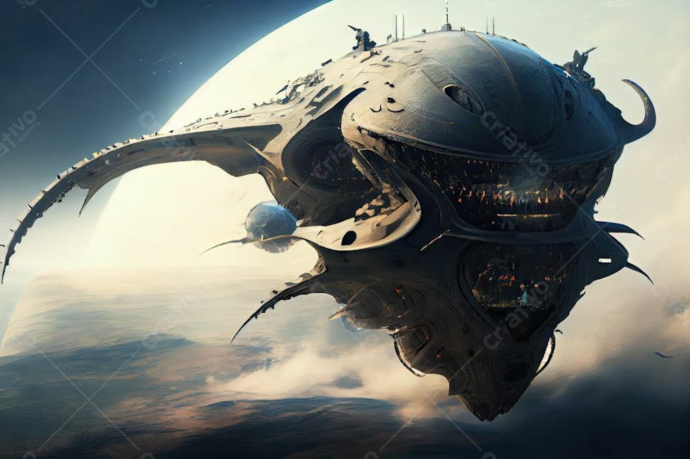 Spaceship Flying Forest With Sunset Background