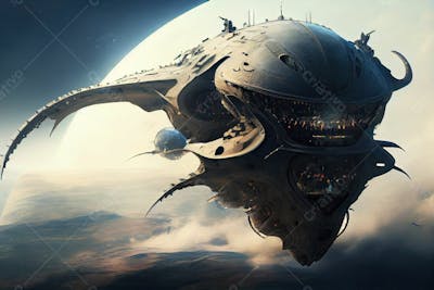Spaceship Flying Forest With Sunset Background