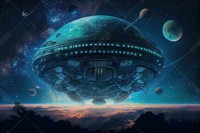 Spaceship Flying Forest With Sunset Background