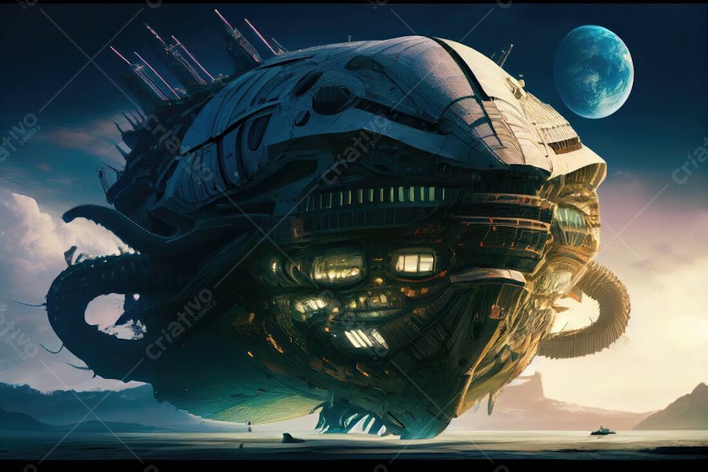 Spaceship Flying Forest With Sunset Background