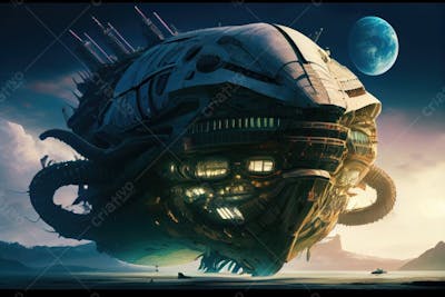 Spaceship Flying Forest With Sunset Background