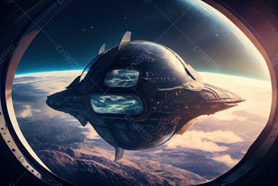 Spaceship Flying Forest With Sunset Background