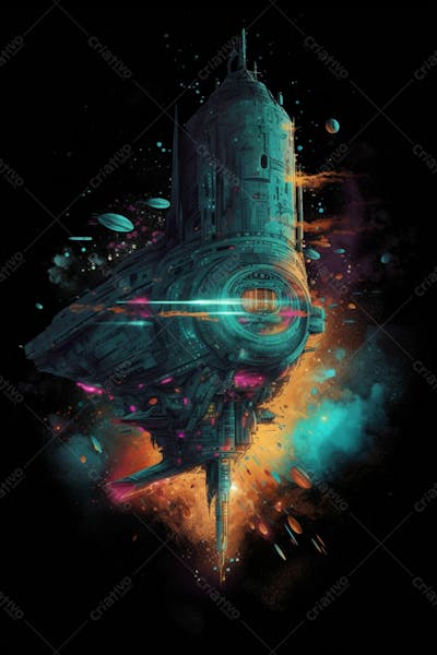 Spaceship Flying Forest With Sunset Background