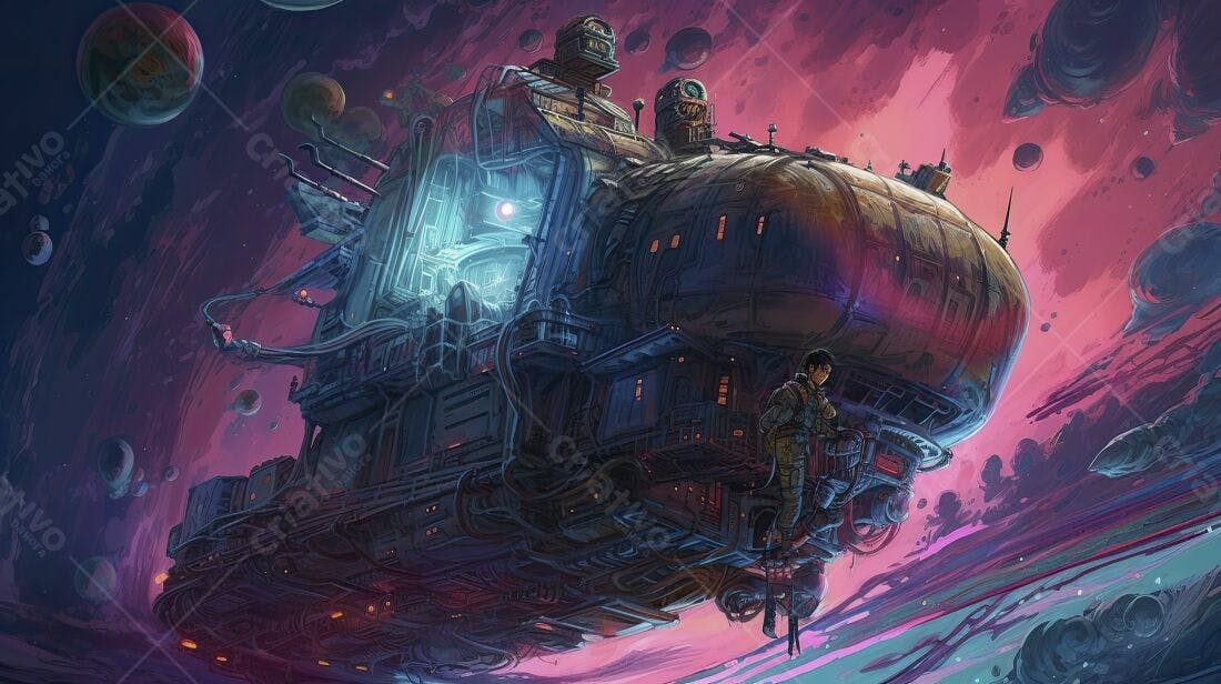 Nave espacial steampunk em espaço cósmico