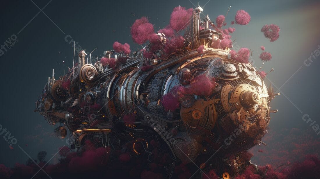 Nave espacial steampunk rosa e dourada