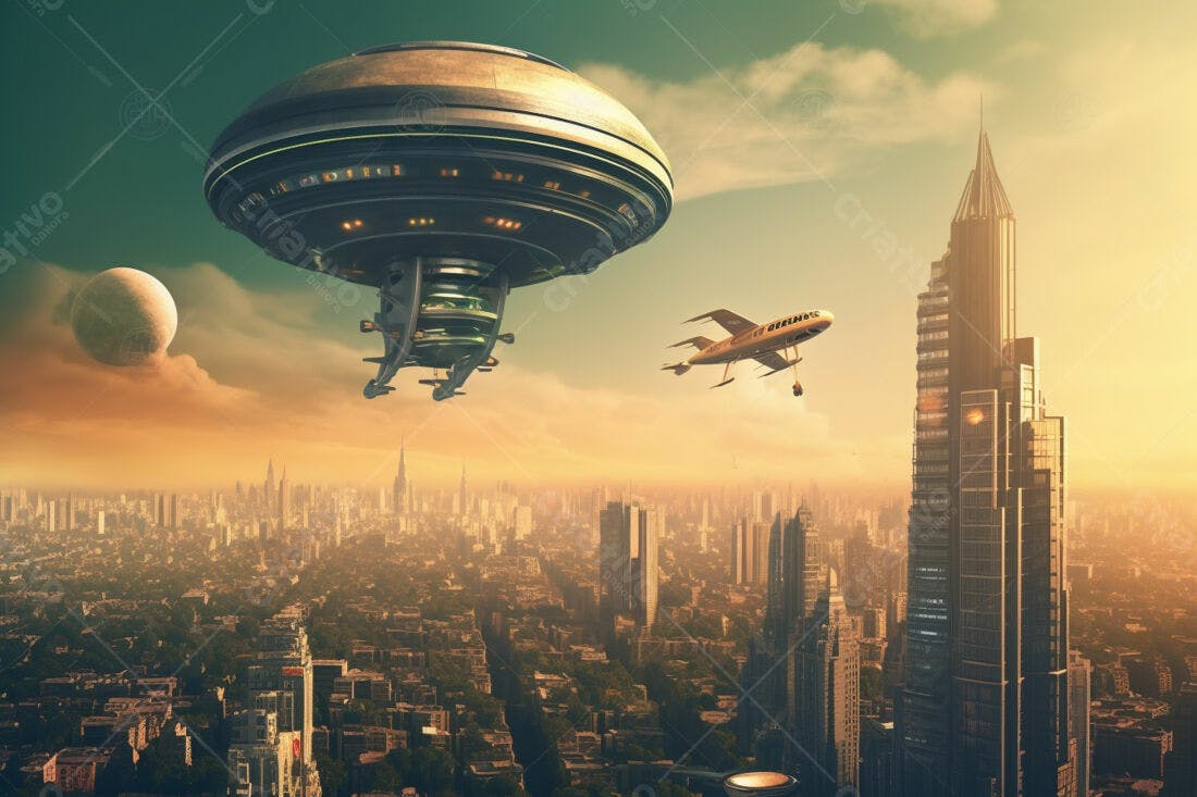 Nave espacial sobre cidade futurista ao entardecer