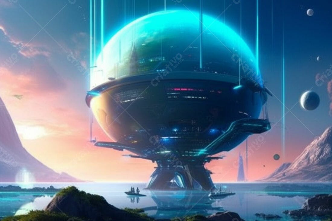 Estação espacial futurista em planeta tropical