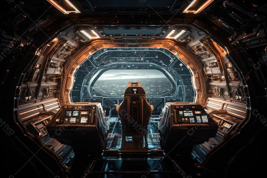 Interior futurista de nave espacial com vista planetária