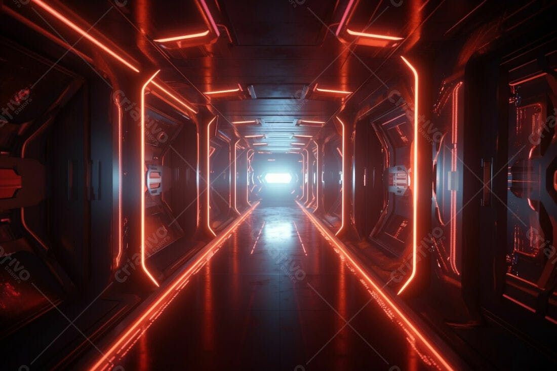 Corredor futurista com iluminação vermelha e azul